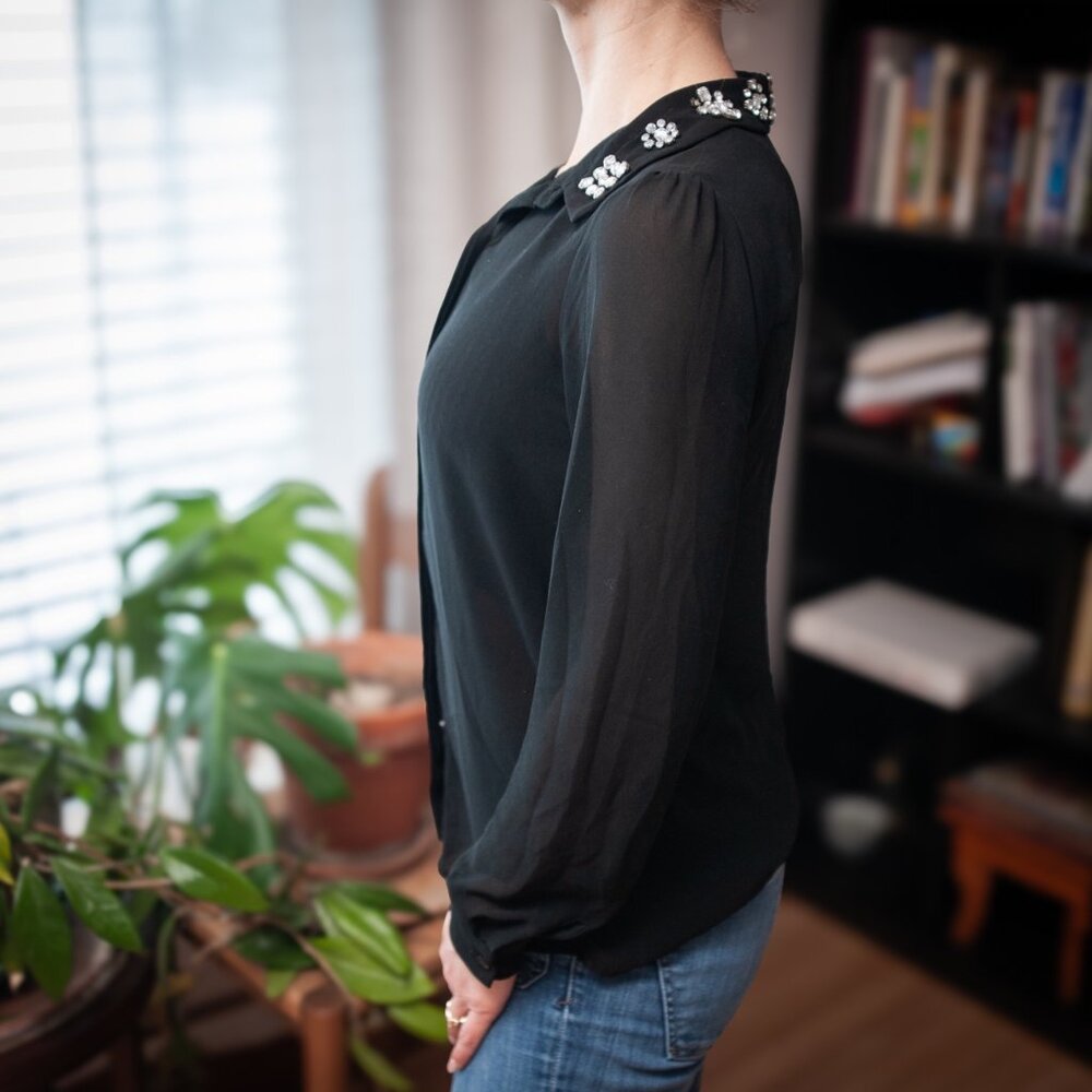 Michael Kors Embellished Collar Sheer Blouse XS Black Jewel Rhinestone Top Glam - Picture 3 of 14